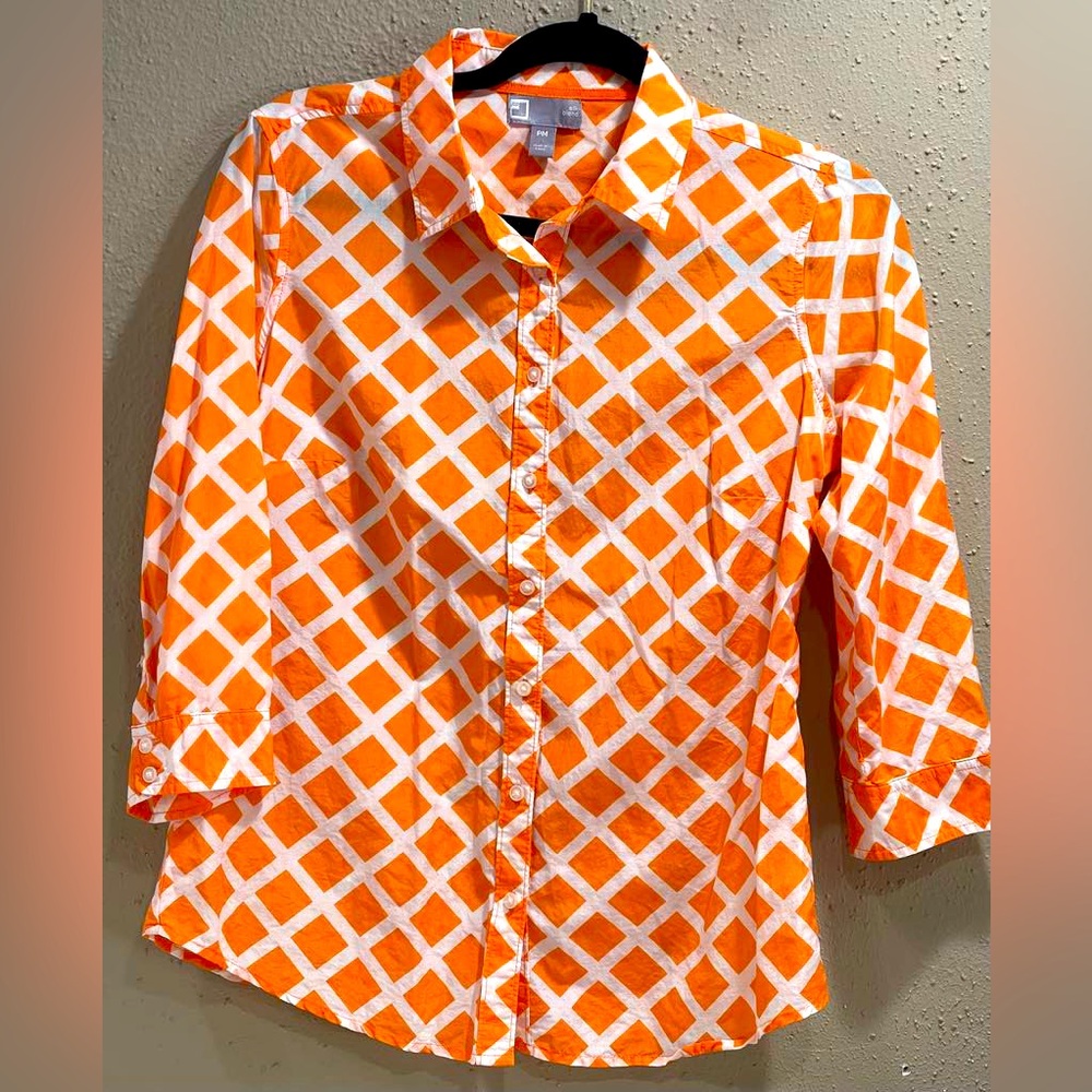 JC Penney Women's Orange White Lattice Pattern Long Sleeve Shirt Top Blouse; MP